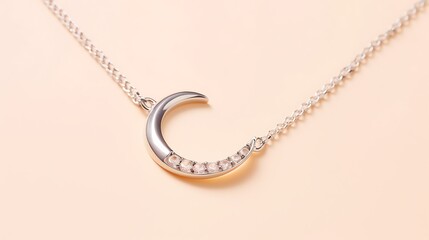 A fine floating silver necklace with a crescent diamond pendant isolated on a pastel apricot solid background, luxurious feel with reflective chain glinting, full-frame layout.