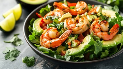 Shrimp Salad with Avocado, Cilantro, and Lime in a Black Bowl