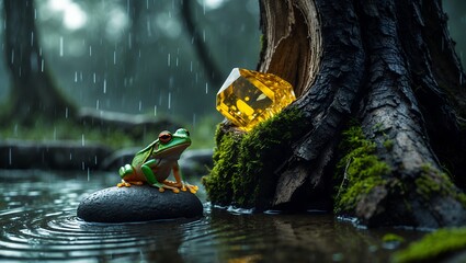 Frog Sitting on Rock in Pond During Rainy Weather Near Gem