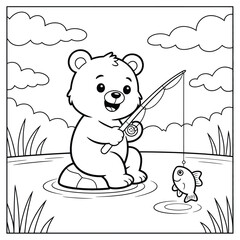 Cute cartoon bear fishing for a small fish in a pond