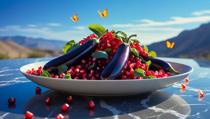Eggplant and Pomegranate Seeds on a Plate with a Mountain View