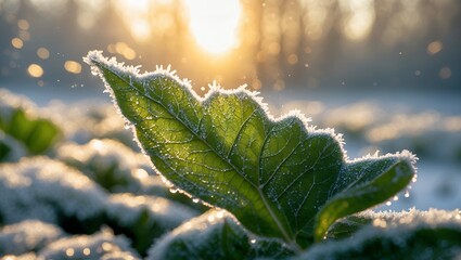 Icy Leaf Sparkling in Winter Sunlight on a Frosty Morning