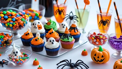 Fototapeta premium Table set with Halloween-themed cupcakes, candy, and drinks, bright and cheerful composition ready for a festive party 