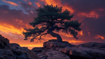 Tree on Rocky Cliff Facing a Dramatic Sunset Sky Landscape
