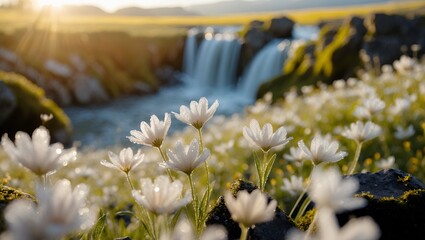 White Wildflowers Blooming Near Waterfall Under Sunlight on Green Meadow