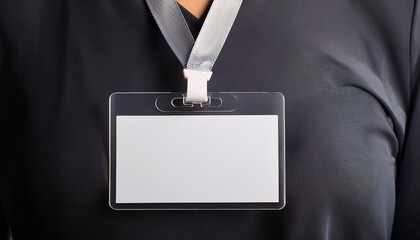 a blank plastic id card hangs from a sleek grey ribbon ready for custom employee info and photo