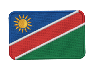 Embroidered Namibia flag patch showing national colors with a golden sun, red stripe, green field and blue canton, perfect for patriotic themes, transparent background