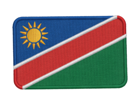 Embroidered Namibia flag patch showing national colors with a golden sun, red stripe, green field and blue canton, perfect for patriotic themes, transparent background