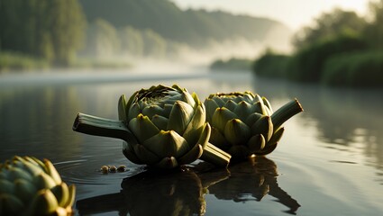 Artichoke Vegetables Resting in Calm River Water with Misty Background