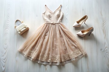 Elegant beige sequined cocktail dress with matching handbag and heels