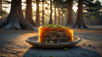 Delicious Layered Pastry with Pistachios in the Forest at Sunset