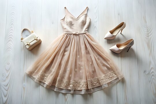 Elegant beige sequined cocktail dress with matching handbag and heels