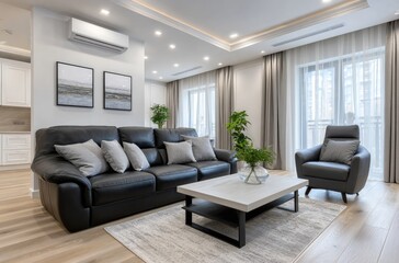 A bright living room with white walls, light wood flooring, and modern furniture in black leather.