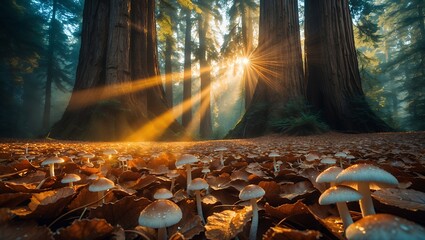 Mushrooms Growing on Forest Floor with Sun Rays Streaming Through Trees