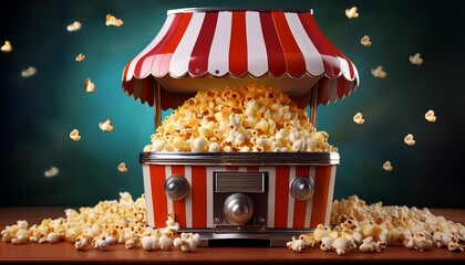 retro style popcorn machine with striped awning full of fluffy popped kernels ready for movie night snacks