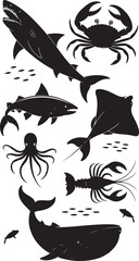 Collection of marine life silhouettes in black and white silhouette