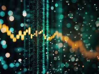 Abstract digital data visualization with glowing bokeh lights and a fluctuating yellow graph line on a dark, futuristic background.