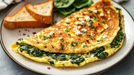 Spinach and Feta Omelette with Toast Served on a Plate