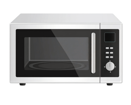 Electronic steel microwave oven with digital display and timer for cooking and defrosting food, a modern kitchen appliance