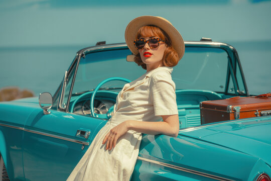 Stylish Retro Woman Relaxing in a Convertible by the Beach with Vintage Luggage