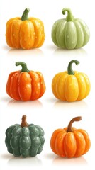 Colorful pumpkins in various shapes and sizes on a white background showcasing the beauty of autumn harvest