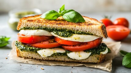 Grilled Sandwich with Pesto, Mozzarella, and Tomato Slices