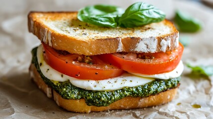 Fresh Caprese Sandwich with Pesto, Tomato, and Mozzarella on Crusty Bread