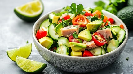 Fresh Tuna Salad with Avocado, Cucumber, and Cherry Tomatoes in a Bowl