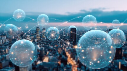 Translucent globes linked by luminous threads over abstract world map, symbolizing global economic connection