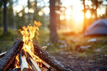 A warm campfire burns brightly in a forest clearing at sunset, with a blurred camping tent in the background creating a cozy outdoor atmosphere.