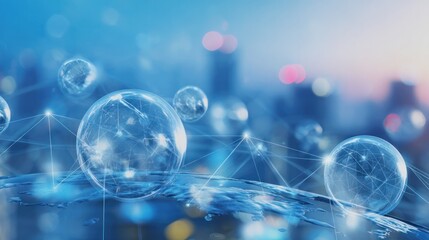 Floating translucent spheres connected by glowing lines, symbolizing global business networks.