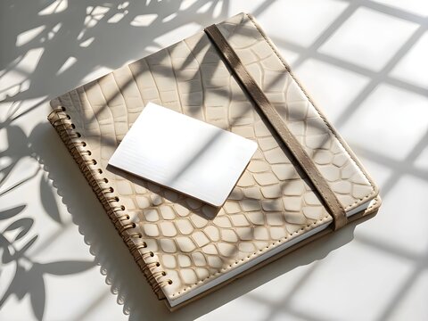 Beige crocodile-embossed leather notebook with brown elastic and spiral binding on white surface natural light and shadow play with blank card insert

