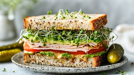 Layered Sandwich with Turkey, Tomato, Cucumber, and Microgreens on Whole Grain Bread