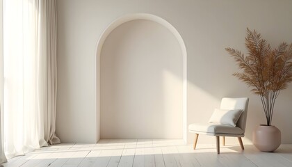 Minimalist sunlit room with arched alcove, modern chair, and pale pink vase with dried plants soft beige tones and natural light in serene, airy interior

