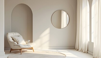 Minimalist sunlit room with circular mirror, white lounge chair, and arched alcove soft natural light and neutral tones in calm mid-century modern interior

