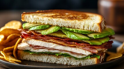 Layered Sandwich with Avocado, Bacon, and Turkey Served with Chips
