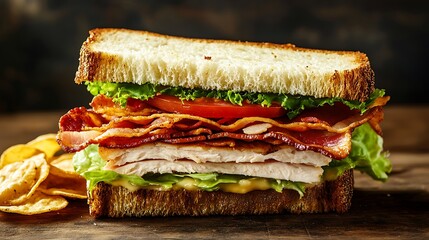 Layered Sandwich with Bacon, Chicken, Lettuce, Tomato, and Avocado on Toasted Bread