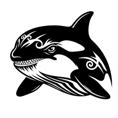 Artistic Killer Whale Illustration Detailed Black and White Design of a Majestic Orca with Intricate Tribal Patterns