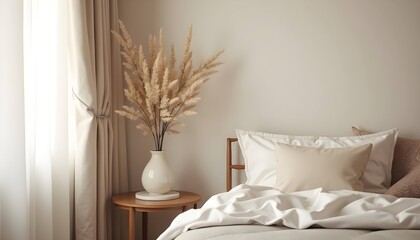 Minimalist bedroom with white linens, wooden nightstand, and dried wheat in ceramic vase soft neutral tones and natural light for serene interior design


