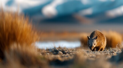 Aardvark foraging in arid desert terrain, surrounded by sparse dry grass and gentle hills, showcasing a minimalist environment with ample open space.