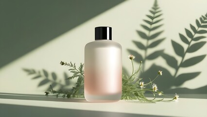 Minimalist skincare bottle with pale pink liquid, black cap, and botanical shadows on light green background elegant natural beauty product on soft surface

