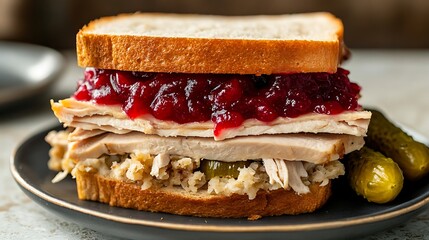 Turkey Sandwich with Cranberry Sauce and Pickles on a Plate