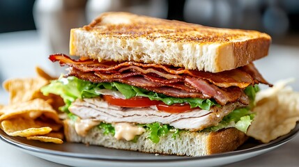 Grilled Sandwich with Turkey, Bacon, Lettuce, Tomato, and Chips