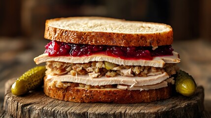 Layered Turkey Sandwich with Cranberry Sauce and Pickles on Rustic Wood
