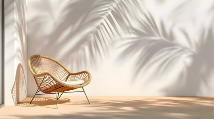 Minimalist sunlit room with wicker chair on light wood floor and abstract palm leaf shadows on wall airy tropical interior with warm neutral tones and natural light

