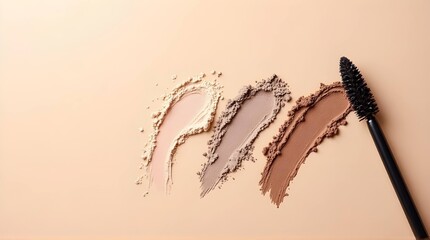 Eyeshadow swatches in natural tones with black mascara wand on beige background soft makeup texture flat lay for beauty, cosmetics, and minimal product styling

