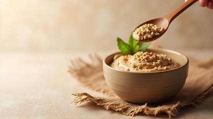 Creamy beige hummus in ceramic bowl with mint garnish and wooden spoon on rustic neutral background healthy mediterranean food with warm natural lighting

