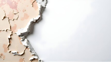 Close-up of crumbling wall corner with peeling paint and exposed plaster in beige tones on white background aged surface texture for decay, neglect, and grunge design themes

