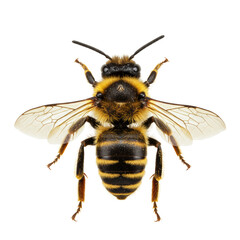 Ultraphotorealistic macro of an adult European honey bee (Apis mellifera) with fuzzy black and yellow stripes, on a transparent isolated background with shadowless studio lighting. Concept of