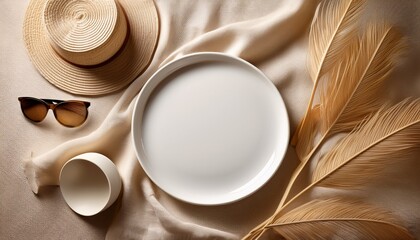 empty white plate on beige linen beachy items